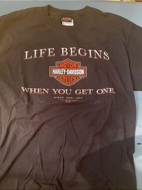 Harley-Davidson Black Tee with Red & White Logo 'Life Begins'
